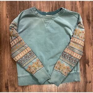 Sundance Happy Place Sweatshirt Teal Blue Embroidered Sleeve Boho Pullover XS